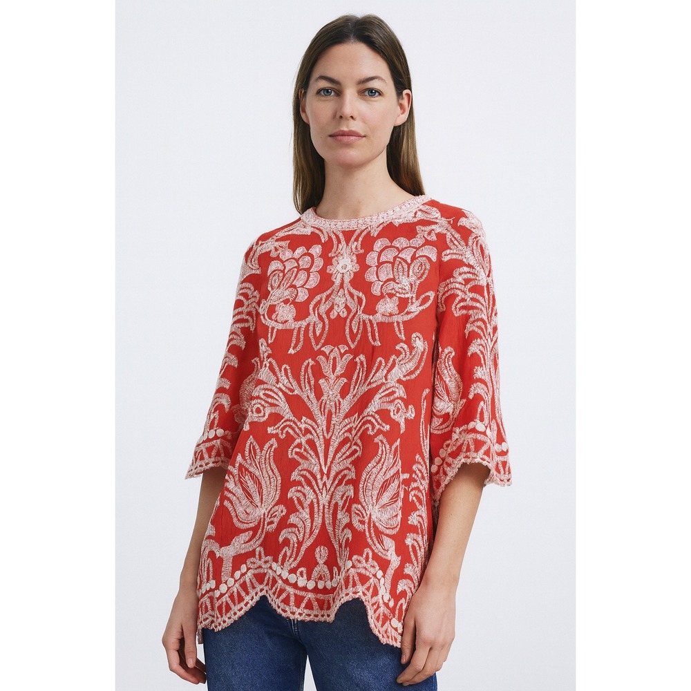 Solitaire‎ Embroidered Boho Bell Sleeve Blouse Coral Orange White Size Medium